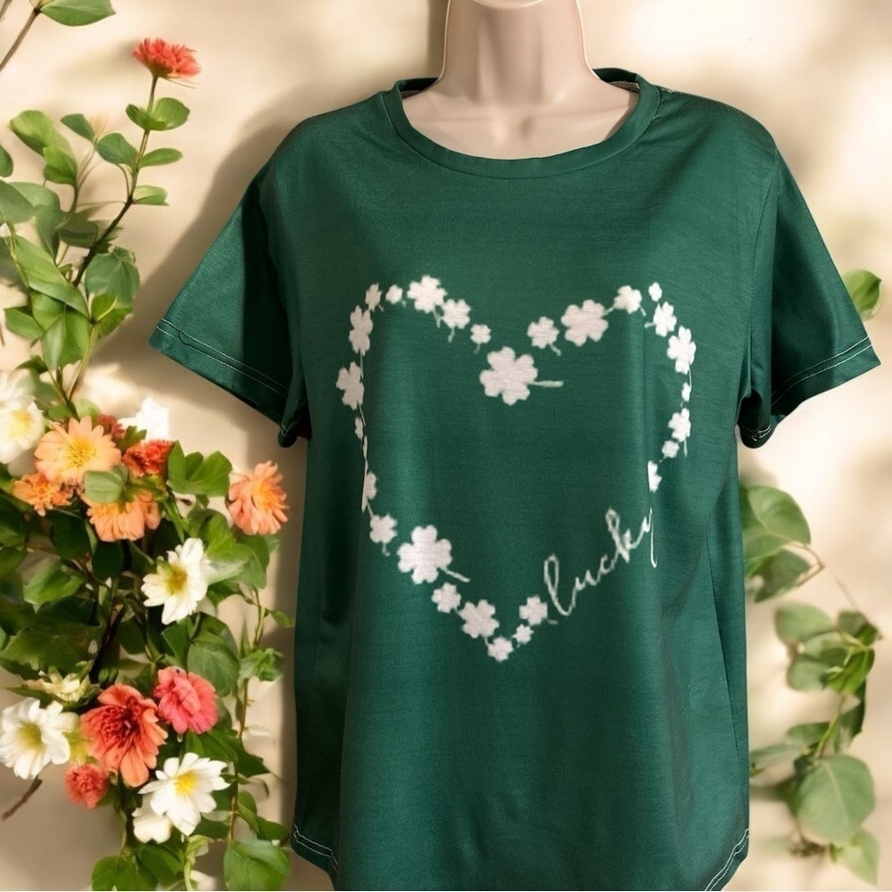 Lucky Heart and Clovers Green No Label Soft Shirt Kelly Green Fun Whimsical